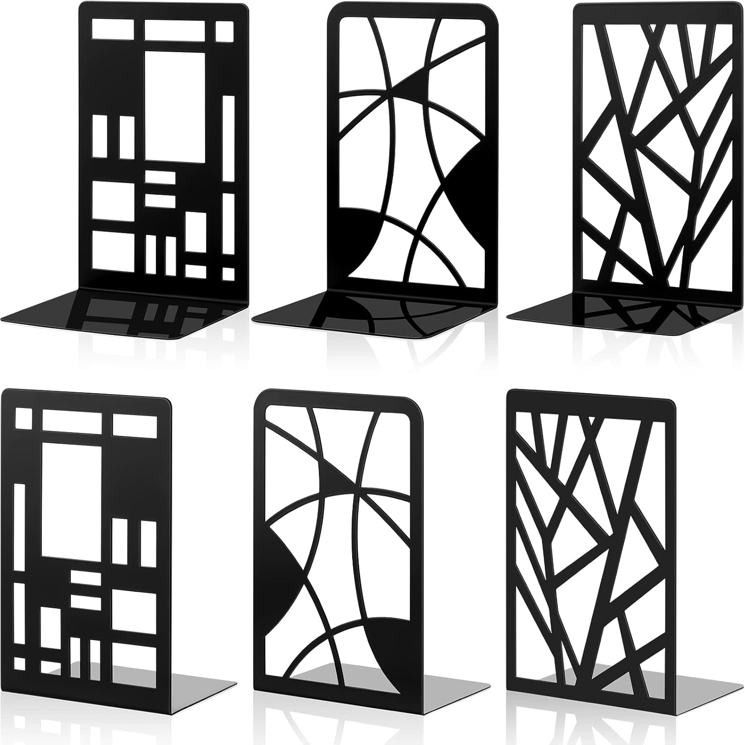 Zonon 3 Pairs Black Metal Bookends for Shelves Heavy Duty Decorative Tree Book Holder Non Slip Leaf Bookends Geometrical Art Design Book Stopper for Divider Holder Home Office