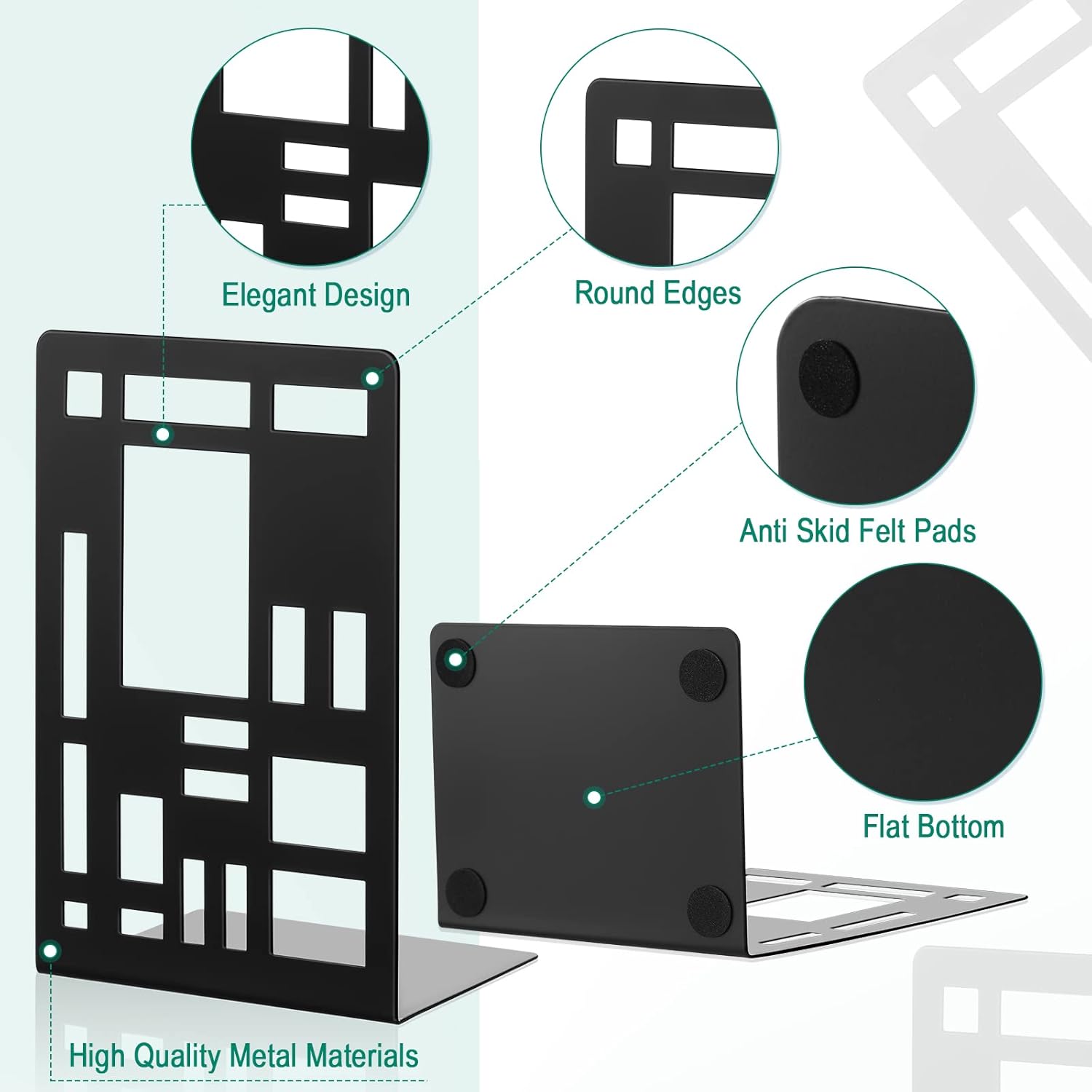 Zonon 3 Pairs Black Metal Bookends for Shelves Heavy Duty Decorative Tree Book Holder Non Slip Leaf Bookends Geometrical Art Design Book Stopper for Divider Holder Home Office - Image 3