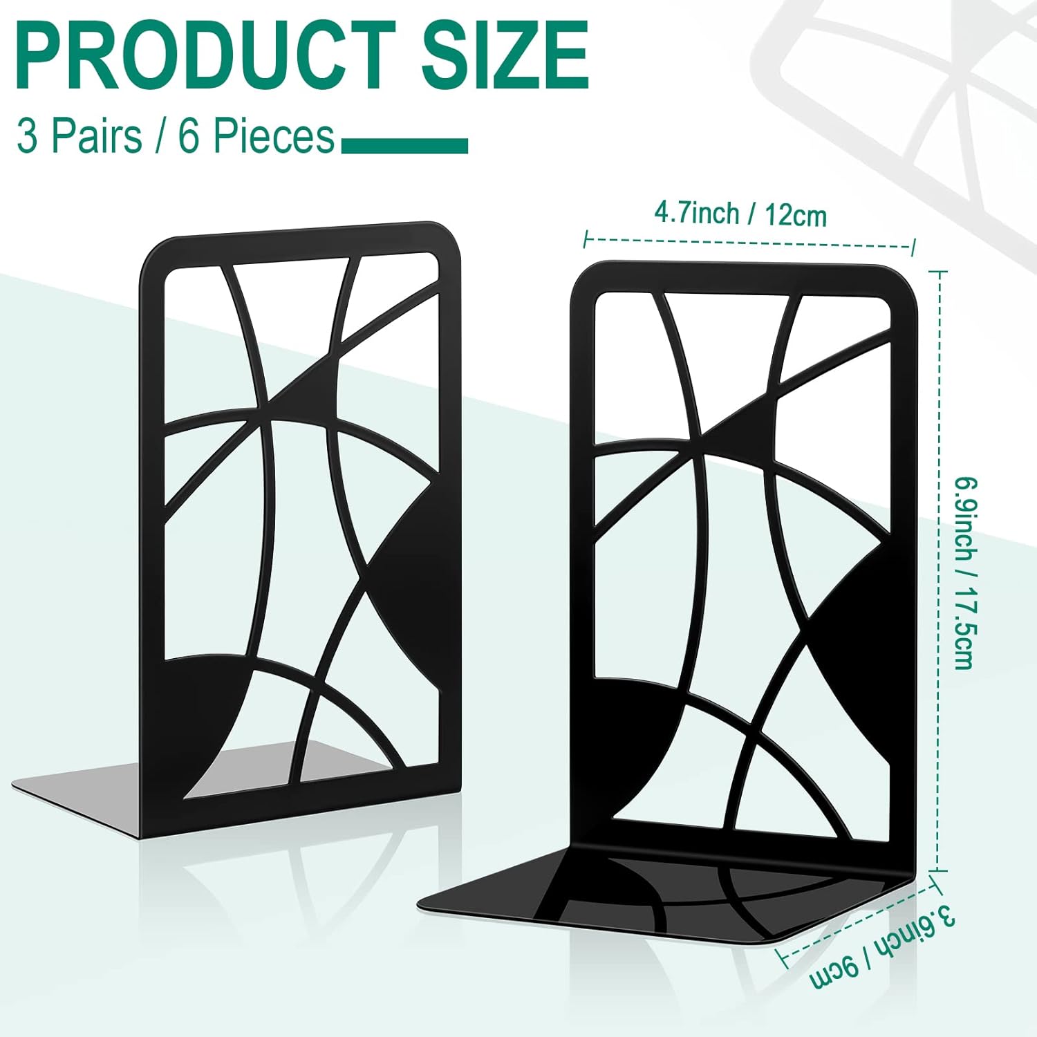 Zonon 3 Pairs Black Metal Bookends for Shelves Heavy Duty Decorative Tree Book Holder Non Slip Leaf Bookends Geometrical Art Design Book Stopper for Divider Holder Home Office - Image 4