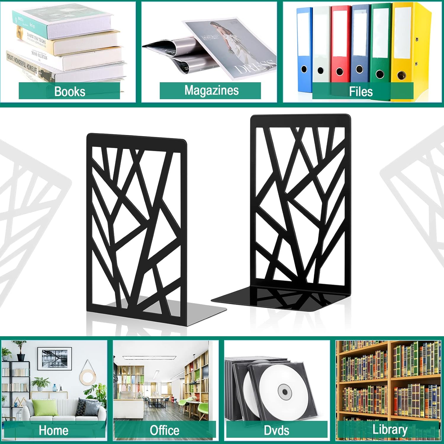 Zonon 3 Pairs Black Metal Bookends for Shelves Heavy Duty Decorative Tree Book Holder Non Slip Leaf Bookends Geometrical Art Design Book Stopper for Divider Holder Home Office - Image 5