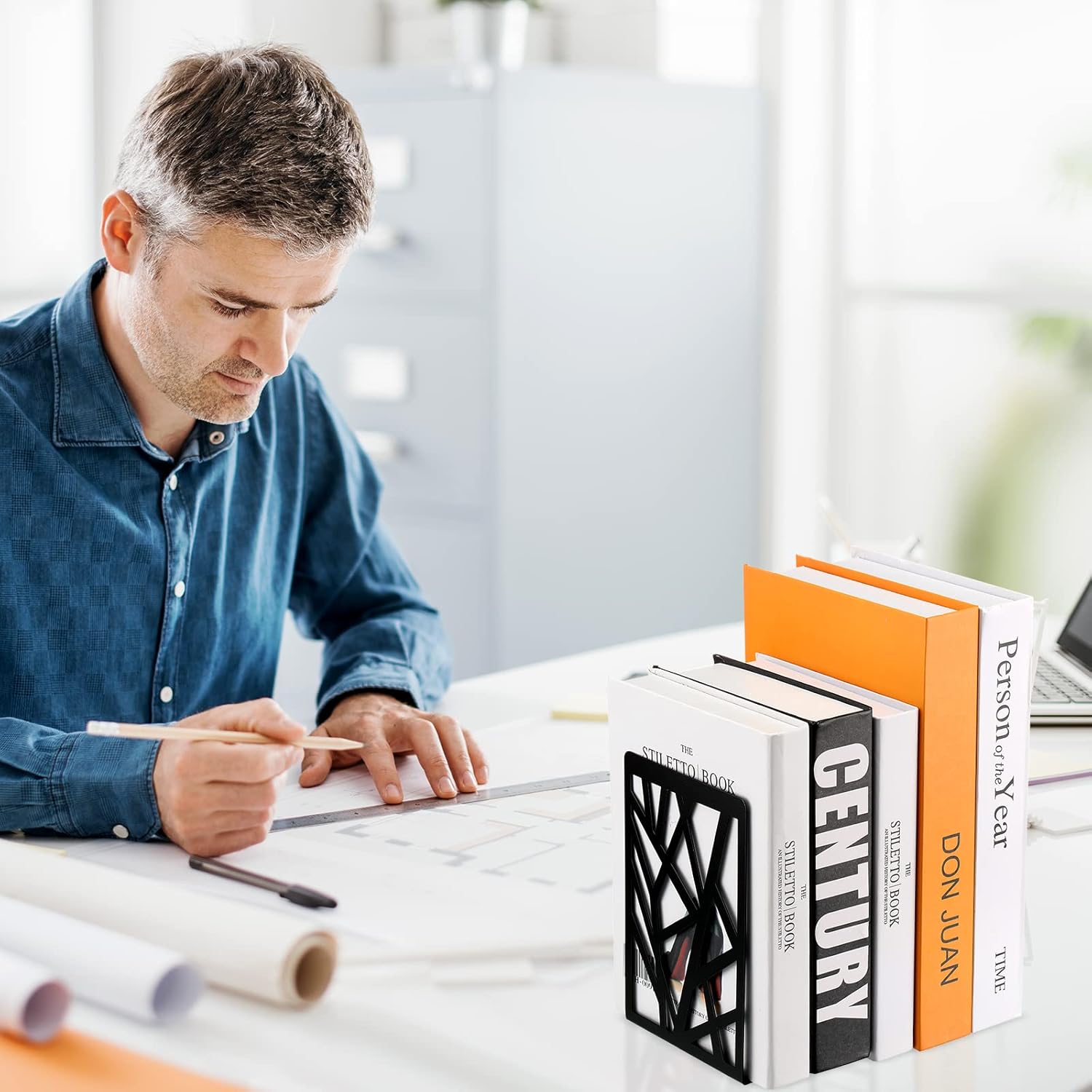 Zonon 3 Pairs Black Metal Bookends for Shelves Heavy Duty Decorative Tree Book Holder Non Slip Leaf Bookends Geometrical Art Design Book Stopper for Divider Holder Home Office - Image 6