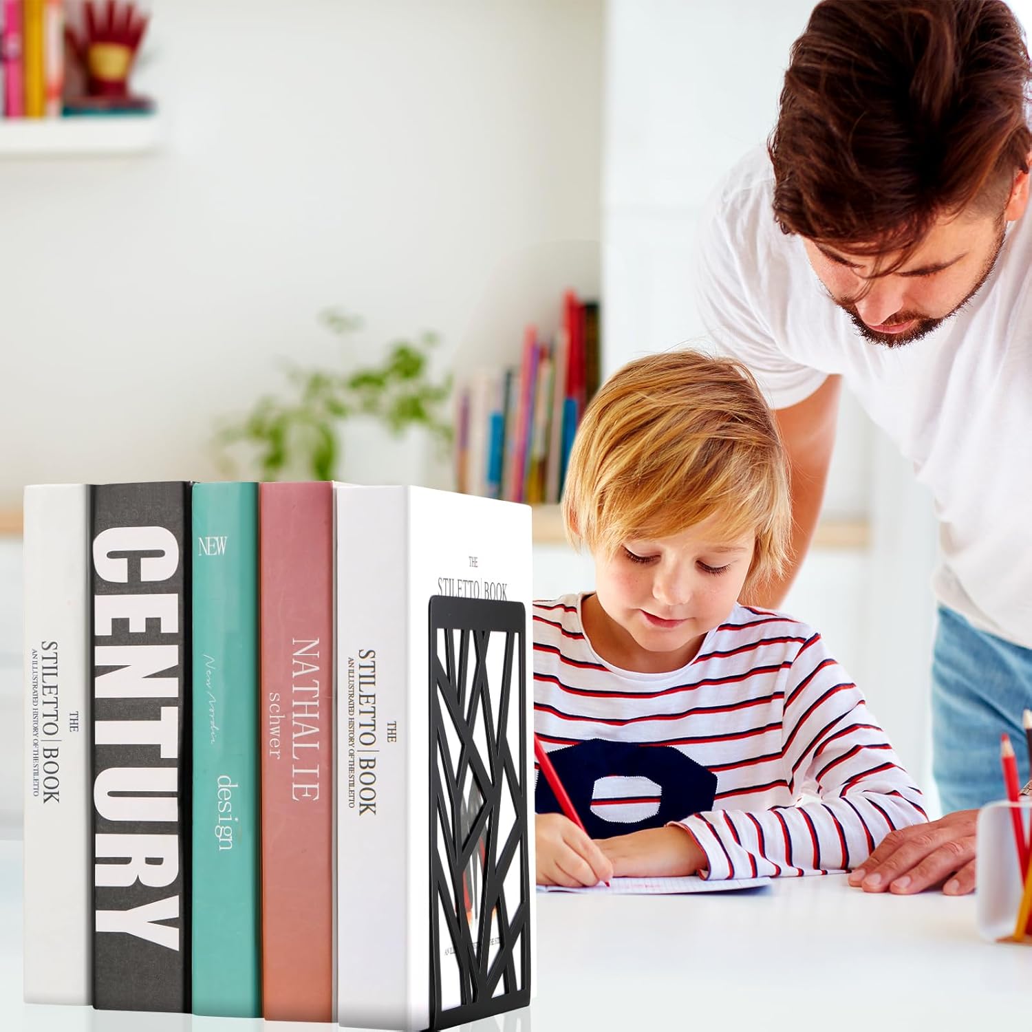 Zonon 3 Pairs Black Metal Bookends for Shelves Heavy Duty Decorative Tree Book Holder Non Slip Leaf Bookends Geometrical Art Design Book Stopper for Divider Holder Home Office - Image 7